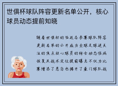 世俱杯球队阵容更新名单公开，核心球员动态提前知晓