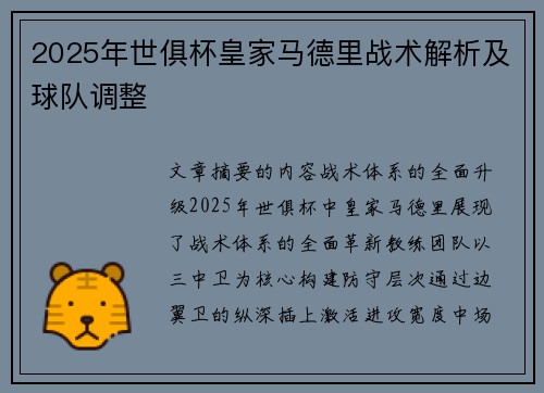 2025年世俱杯皇家马德里战术解析及球队调整